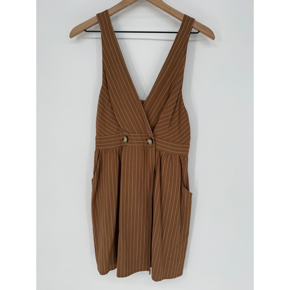 DRESS FORUM BROWN PINSTRIPE V-NECK MINI‎ DRESS MEDIUM WRAP